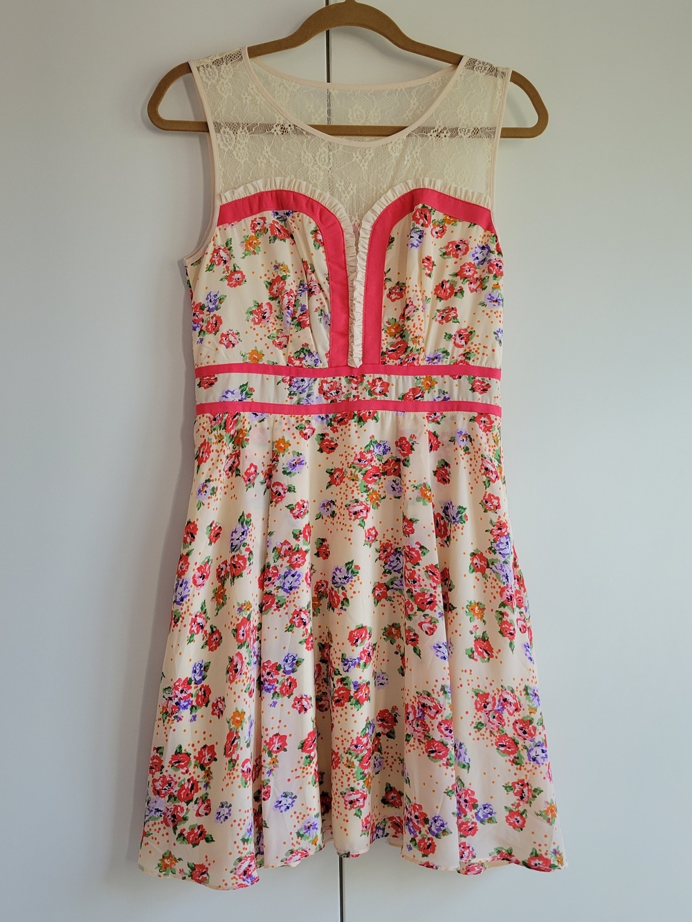 Minuet Cream Floral Dress with Bright Pink Trim
